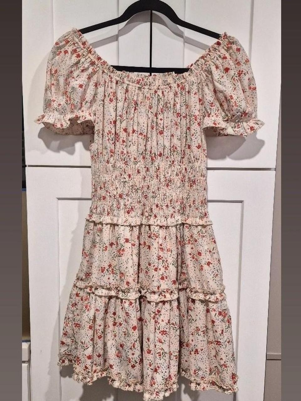 Floral Smocked Off-Shoulder Mini Dress - Cream with Red Floral